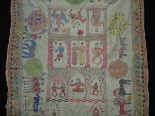 Kantha Quilted and embroidered cotton kantha Proper From Faridpur East (Bangladesh)Bangal region.Its size is 94cm x 143cm.Its written As Name of owner and Faridpur Banladesh.An Very very Rare kantha.(DSC07491)    