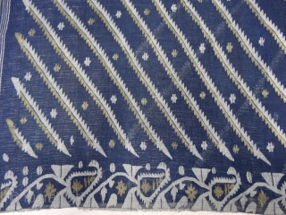 Dhakai Jamdani Saree Indigo blue Natural Colour, Cotton with Real Zari weaving From Dhaka District, of Bangladesh. India. Jamdani was originally known as Dhakai named after the city of Dhaka, Jamdani is  ...