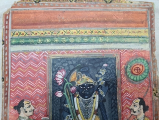 Miniature Painting of Mangala Darshan of Shrinathji  with Lahariya Design. From The Nathdwara of Rajasthan. India. Mangala Darshan  is the First darshan of the day. Lord, having woken up, has just had His breakfast and greets  ...