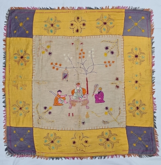 Guru Nanak Rumal Embroidery on Gajji-silk, Figures are showing of Guru Nanak and companions Bhai Mardana and Balla, Its used to cover Guru Granth Sahib.From Punjab India. 

C.1900.

Its size is 105cmX105cm (20220610_173600). 