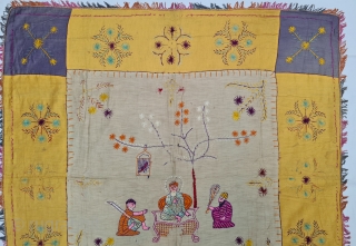 Guru Nanak Rumal Embroidery on Gajji-silk, Figures are showing of Guru Nanak and companions Bhai Mardana and Balla, Its used to cover Guru Granth Sahib.From Punjab India. 

C.1900.

Its size is 105cmX105cm (20220610_173600). 