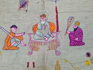 Guru Nanak Rumal Embroidery on Gajji-silk, Figures are showing of Guru Nanak and companions Bhai Mardana and Balla, Its used to cover Guru Granth Sahib.From Punjab India. 

C.1900.

Its size is 105cmX105cm (20220610_173600). 