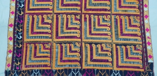 Indigo-Colour Phulkari From East(India)Punjab Region of India. India.Silk on Indigo Dyed Hand Spun Cotton ground.Showing the Rare Influence of showing the Chosar Design in the Border.C.1900.Its size is 130cmX243cm(20181125_112951).    