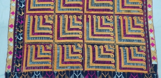 Indigo-Colour Phulkari From East(India)Punjab Region of India. India.Silk on Indigo Dyed Hand Spun Cotton ground.Showing the Rare Influence of showing the Chosar Design in the Border.C.1900.Its size is 130cmX243cm(20181125_112951).    