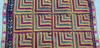 Indigo-Colour Phulkari From East(India)Punjab Region of India. India.Silk on Indigo Dyed Hand Spun Cotton ground.Showing the Rare Influence of showing the Chosar Design in the Border.C.1900.Its size is 130cmX243cm(20181125_112951).    