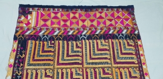 Indigo-Colour Phulkari From East(India)Punjab Region of India. India.Silk on Indigo Dyed Hand Spun Cotton ground.Showing the Rare Influence of showing the Chosar Design in the Border.C.1900.Its size is 130cmX243cm(20181125_112951).    