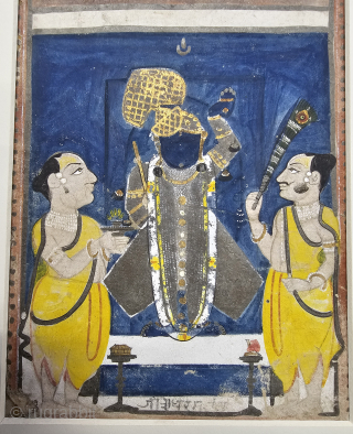 An Rare Miniature Painting of Shrinathji with devotees Doing Pooja Ceremony.

From The Nathdwara
Rajasthan. India.

Opaque watercolor on paper With Gold Work.

C.1875 - 1900

Its size is 5" Inches X 7" Inch (20240616_154610).   