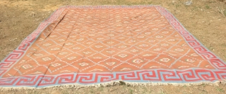 Jail Dhurrie(Cotton)  Blossom Dhurrie with stepped Diamonds Design with key Border From Bikaner, Rajasthan. India. C.1900. its size is 400cmX475cm (Large Size). It’s only used for some Festival time (DSC05155).  