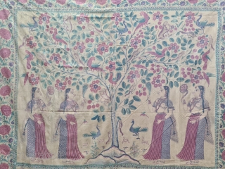 An Roller Print Pichwai depicting the Lord in the form of a tree with abundance and life. It's flanked by Gopis on both sides venerating the divine and the lower register shows  ...