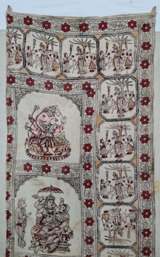 Ceremonial Ramayana And Krishna , Chintz Kalamkari , Hand-Drawn Mordant-And Resist-Dyed Cotton, From Gujarat . India. India. 

 C.1825 -1850.

Exported to the South-East-Asian Market.

Its size is 60cmX255cm(20220623_121333).      