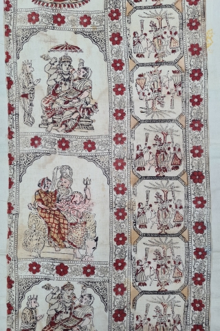 Ceremonial Ramayana And Krishna , Chintz Kalamkari , Hand-Drawn Mordant-And Resist-Dyed Cotton, From Gujarat . India. India. 

 C.1825 -1850.

Exported to the South-East-Asian Market.

Its size is 60cmX255cm(20220623_121333).      