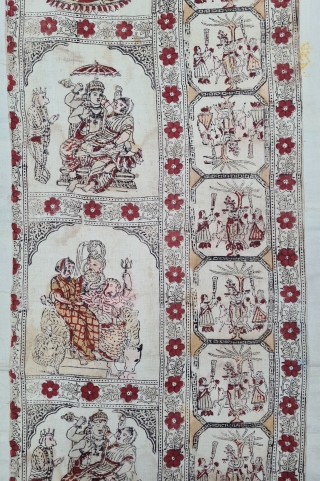 Ceremonial Ramayana And Krishna , Chintz Kalamkari , Hand-Drawn Mordant-And Resist-Dyed Cotton, From Gujarat . India. India. 

 C.1825 -1850.

Exported to the South-East-Asian Market.

Its size is 60cmX255cm(20220623_121333).      