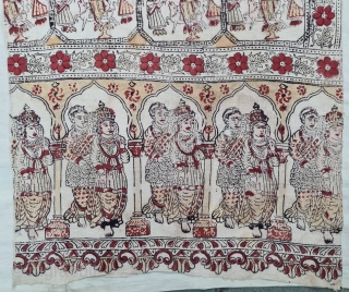 Ceremonial Ramayana And Krishna , Chintz Kalamkari , Hand-Drawn Mordant-And Resist-Dyed Cotton, From Gujarat . India. India. 

 C.1825 -1850.

Exported to the South-East-Asian Market.

Its size is 60cmX255cm(20220623_121333).      