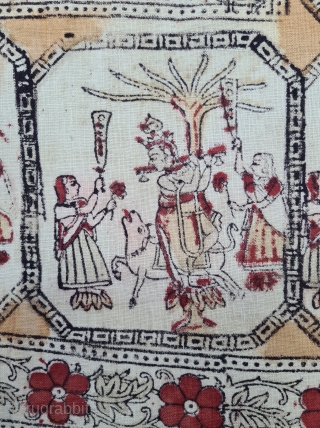 Ceremonial Ramayana And Krishna , Chintz Kalamkari , Hand-Drawn Mordant-And Resist-Dyed Cotton, From Gujarat . India. India. 

 C.1825 -1850.

Exported to the South-East-Asian Market.

Its size is 60cmX255cm(20220623_121333).      