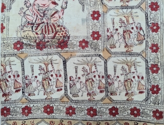 Ceremonial Ramayana And Krishna , Chintz Kalamkari , Hand-Drawn Mordant-And Resist-Dyed Cotton, From Gujarat . India. India. 

 C.1825 -1850.

Exported to the South-East-Asian Market.

Its size is 60cmX255cm(20220623_121333).      