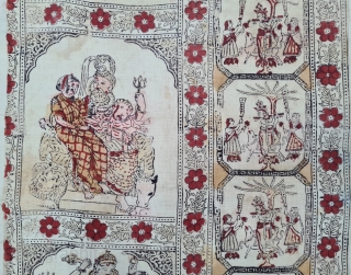 Ceremonial Ramayana And Krishna , Chintz Kalamkari , Hand-Drawn Mordant-And Resist-Dyed Cotton, From Gujarat . India. India. 

 C.1825 -1850.

Exported to the South-East-Asian Market.

Its size is 60cmX255cm(20220623_121333).      