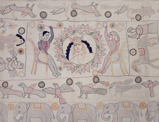 An Very Fine Folk Embroidery Kantha with different Folk Figures with design s , Fine Quilted and embroidered cotton kantha Probably From East Bengal(Bangladesh) region, India.

C.1875 -1900

Its size is 92cmX155cm (20241227_134750).  