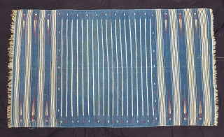 Indigo Blue,Jail Dhurrie(Cotton)Blue-White striped with mahi motif. Bikaner, Rajasthan. India.C.1900.Its size is 114X196cm. Condition is very good(151503)                