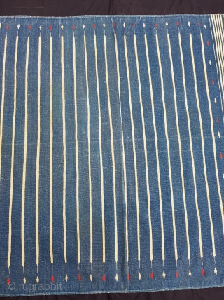 Indigo Blue,Jail Dhurrie(Cotton)Blue-White striped with mahi motif. Bikaner, Rajasthan. India.C.1900.Its size is 114X196cm. Condition is very good(151503)                