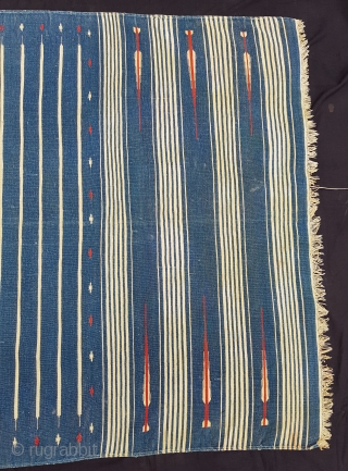 Indigo Blue,Jail Dhurrie(Cotton)Blue-White striped with mahi motif. Bikaner, Rajasthan. India.C.1900.Its size is 114X196cm. Condition is very good(151503)                