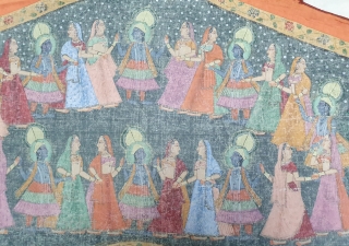 Pichwai of Shrinath in the Maha Raas Lila From Nathdwara Rajasthan .India. C.1900. Painted on the Cotton, its size is 49cmX49cmX172cm. Its Condition is very good.(20200627_135841).       