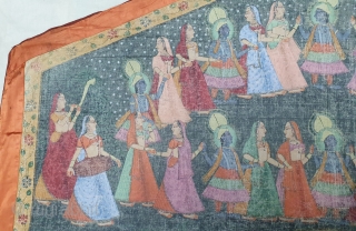 Pichwai of Shrinath in the Maha Raas Lila From Nathdwara Rajasthan .India. C.1900. Painted on the Cotton, its size is 49cmX49cmX172cm. Its Condition is very good.(20200627_135841).       