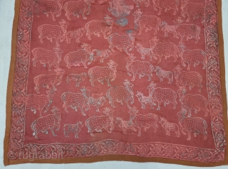 Pichwai for the Gopashtami , Showing the Krishan and Cows, From Gujarat India.
Silver-tinsel Stamped with gum on Blush-Red Muslin cotton.

Circa 1900.

Its size is 82cmX100cm (20230702_151050).        