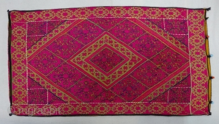 Pillow-Cover,Swat Valley(Pakistan). India.Cotton embroidered with floss silk.with woolen Braiding and Tassels.C.1900.Its size is 43cmx75cm(DSC06451).                   