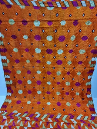 An Unique Bagh-Phulkari From East (Punjab) India. Floss Silk on Hand Spun Cotton khaddar Cloth.

Late 19th Century.

Its size is 138cmX215cm (20230325_121251).            