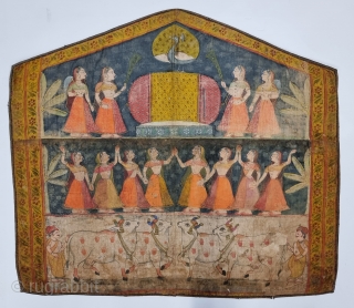 Pichwai Akhandpart of Gopies With Nandis Gwalas  From Nathdwara Rajasthan, India. India.
C.19th century,

In that Period  onwards there were artistic exchanges between Kota And Nathdwara. A number of pichhavai painted in Nathdwara show the influence of  ...