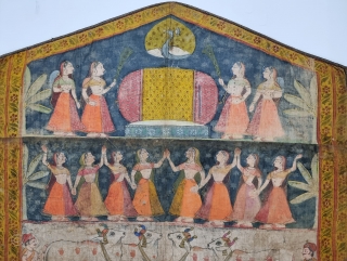 Pichwai Akhandpart of Gopies With Nandis Gwalas  From Nathdwara Rajasthan, India. India.
C.19th century,

In that Period  onwards there were artistic exchanges between Kota And Nathdwara. A number of pichhavai painted in Nathdwara show the influence of  ...