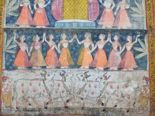 Pichwai Akhandpart of Gopies With Nandis Gwalas  From Nathdwara Rajasthan, India. India.
C.19th century,

In that Period  onwards there were artistic exchanges between Kota And Nathdwara. A number of pichhavai painted in Nathdwara show the influence of  ...