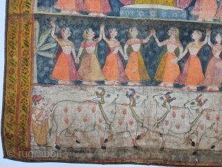 Pichwai Akhandpart of Gopies With Nandis Gwalas  From Nathdwara Rajasthan, India. India.
C.19th century,

In that Period  onwards there were artistic exchanges between Kota And Nathdwara. A number of pichhavai painted in Nathdwara show the influence of  ...