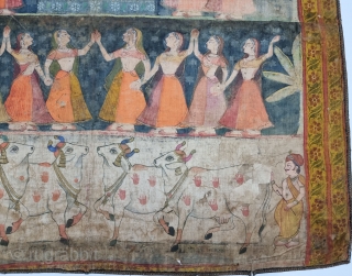 Pichwai Akhandpart of Gopies With Nandis Gwalas  From Nathdwara Rajasthan, India. India.
C.19th century,

In that Period  onwards there were artistic exchanges between Kota And Nathdwara. A number of pichhavai painted in Nathdwara show the influence of  ...