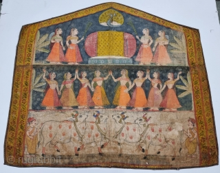 Pichwai Akhandpart of Gopies With Nandis Gwalas  From Nathdwara Rajasthan, India. India.
C.19th century,

In that Period  onwards there were artistic exchanges between Kota And Nathdwara. A number of pichhavai painted in Nathdwara show the influence of  ...