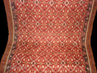 Patola Sari Silk Double Ikat.Probably Patan Gujarat.This Patola sari has the type of geometric,non figurative pattern particularly favoured by the ismaili Muslim merchant community of the Vohras.and its called Vohra-Gaji-Bhat.(Vohra Type Design).Its  ...