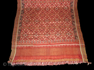 Patola Sari Silk Double Ikat.Probably Patan Gujarat.This Patola sari has the type of geometric,non figurative pattern particularly favoured by the ismaili Muslim merchant community of the Vohras.and its called Vohra-Gaji-Bhat.(Vohra Type Design).Its  ...