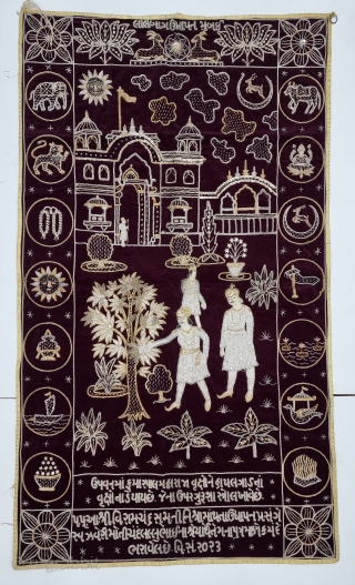 A Rare Jain Temple Hanging, 
From Gujarat in Northwest India. India

Its size is 82cmX142cm.

Weight is 1 Kgs 324 Gm

C.1930.- 1966.

Showing the KalpaVriksha in the Garden With the Standing King And His Misters on the  ...