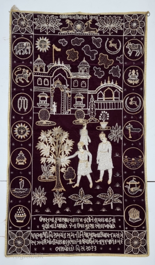 A Rare Jain Temple Hanging, 
From Gujarat in Northwest India. India

Its size is 82cmX142cm.

Weight is 1 Kgs 324 Gm

C.1930.- 1966.

Showing the KalpaVriksha in the Garden With the Standing King And His Misters on the  ...