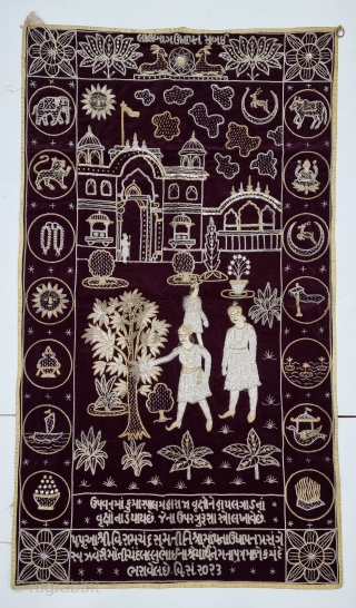 A Rare Jain Temple Hanging, 
From Gujarat in Northwest India. India

Its size is 82cmX142cm.

Weight is 1 Kgs 324 Gm

C.1930.- 1966.

Showing the KalpaVriksha in the Garden With the Standing King And His Misters on the  ...