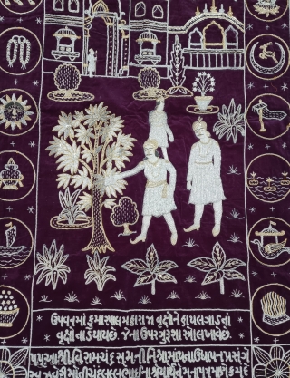 A Rare Jain Temple Hanging, 
From Gujarat in Northwest India. India

Its size is 82cmX142cm.

Weight is 1 Kgs 324 Gm

C.1930.- 1966.

Showing the KalpaVriksha in the Garden With the Standing King And His Misters on the  ...