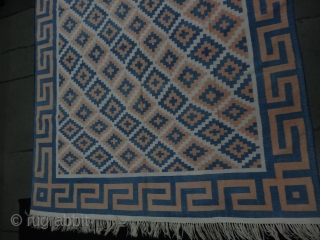 Jail Dhurrie (Cotton)Indigo Blue-white,Blossom Dhurrie with stepped Diamonds Design with key Border from Gujarat.India.Its size is (Big Size)175cmx304cm. C.1900.Its only used for some Festival time(DSC06549).        