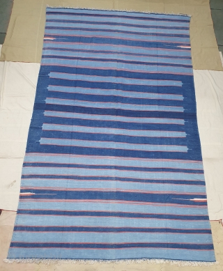 Indigo Blue,Jail Dhurrie(Cotton) Dark Blue-Light Blue Colour with double minaret striped Dhurrie.From Bikaner, Rajasthan. India.C.1900.Its size is 157X260cm (Large Size). Condition is very good(20200714_155215).         