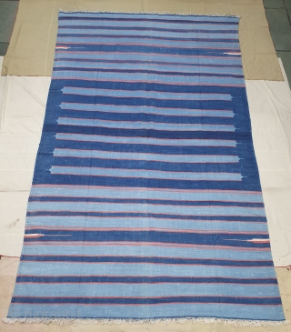 Indigo Blue,Jail Dhurrie(Cotton) Dark Blue-Light Blue Colour with double minaret striped Dhurrie.From Bikaner, Rajasthan. India.C.1900.Its size is 157X260cm (Large Size). Condition is very good(20200714_155215).         