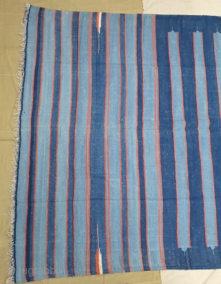 Indigo Blue,Jail Dhurrie(Cotton) Dark Blue-Light Blue Colour with double minaret striped Dhurrie.From Bikaner, Rajasthan. India.C.1900.Its size is 157X260cm (Large Size). Condition is very good(20200714_155215).         