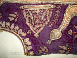 Man’s waistcoat(Sadri/Bandi)From Hyderabad,South India.Cotton velvet,embroidered with silver and gold-wrapped thread,L 51cm x w 41cm.Condition is worn from back side(DSC06336 New).             