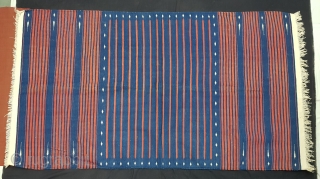 Indigo Blue,Jail Dhurrie(Cotton)Blue-Red striped with mahi motif. Kutch-Gujarat, India.C.1900.Its size is 118X218cm. Condition is very good(154336).
                 