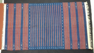 Indigo Blue,Jail Dhurrie(Cotton)Blue-Red striped with mahi motif. Kutch-Gujarat, India.C.1900.Its size is 118X218cm. Condition is very good(154336).
                 