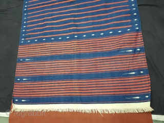 Indigo Blue,Jail Dhurrie(Cotton)Blue-Red striped with mahi motif. Kutch-Gujarat, India.C.1900.Its size is 118X218cm. Condition is very good(154336).
                 