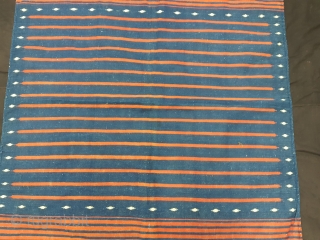 Indigo Blue,Jail Dhurrie(Cotton)Blue-Red striped with mahi motif. Kutch-Gujarat, India.C.1900.Its size is 118X218cm. Condition is very good(154336).
                 